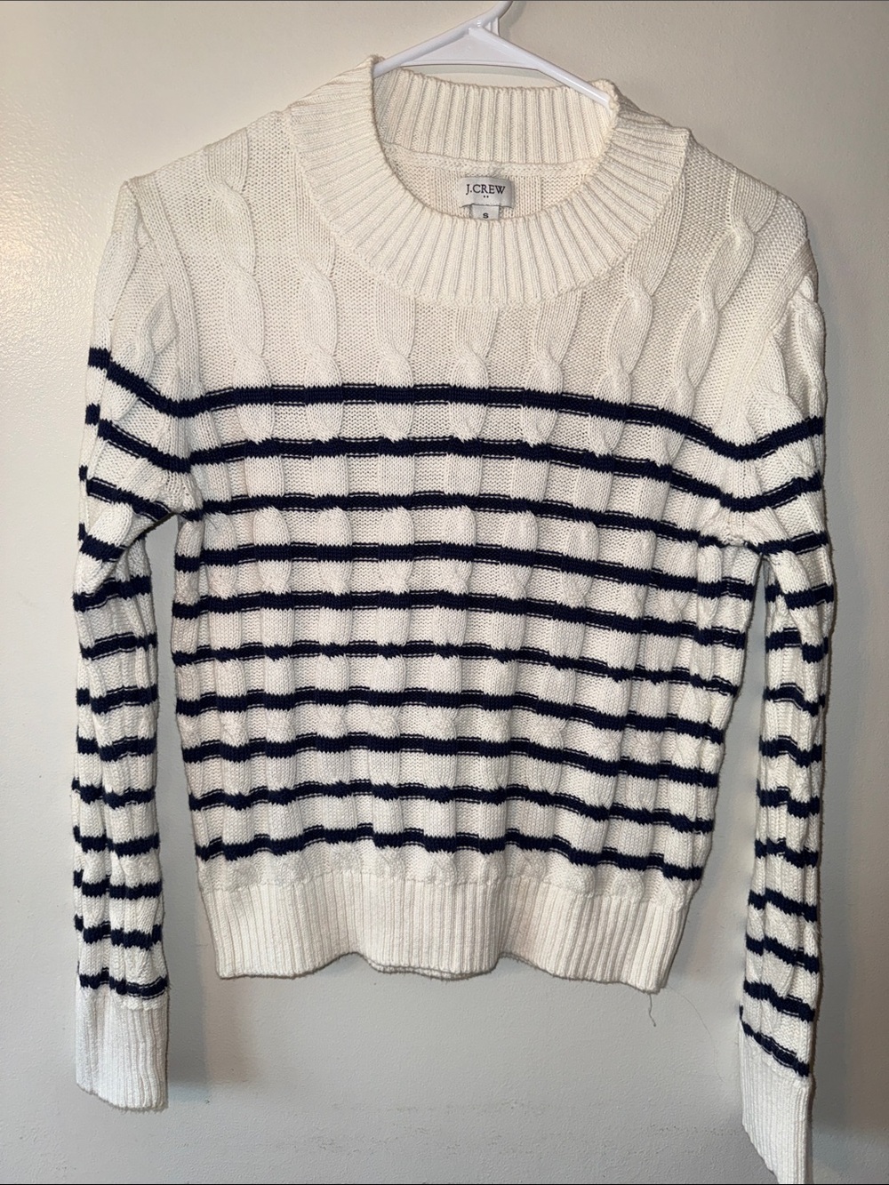 J. Crew Cream and Navy Striped Cable Crew Sweater